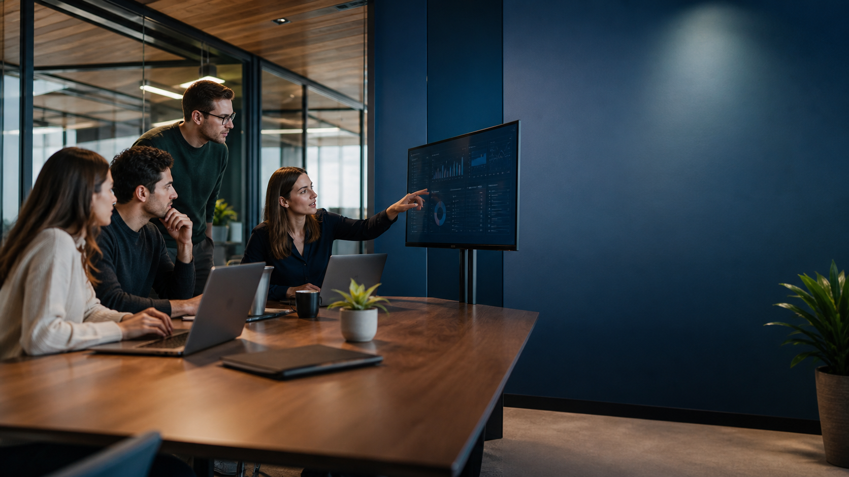 Small business team reviewing live work together in a modern office