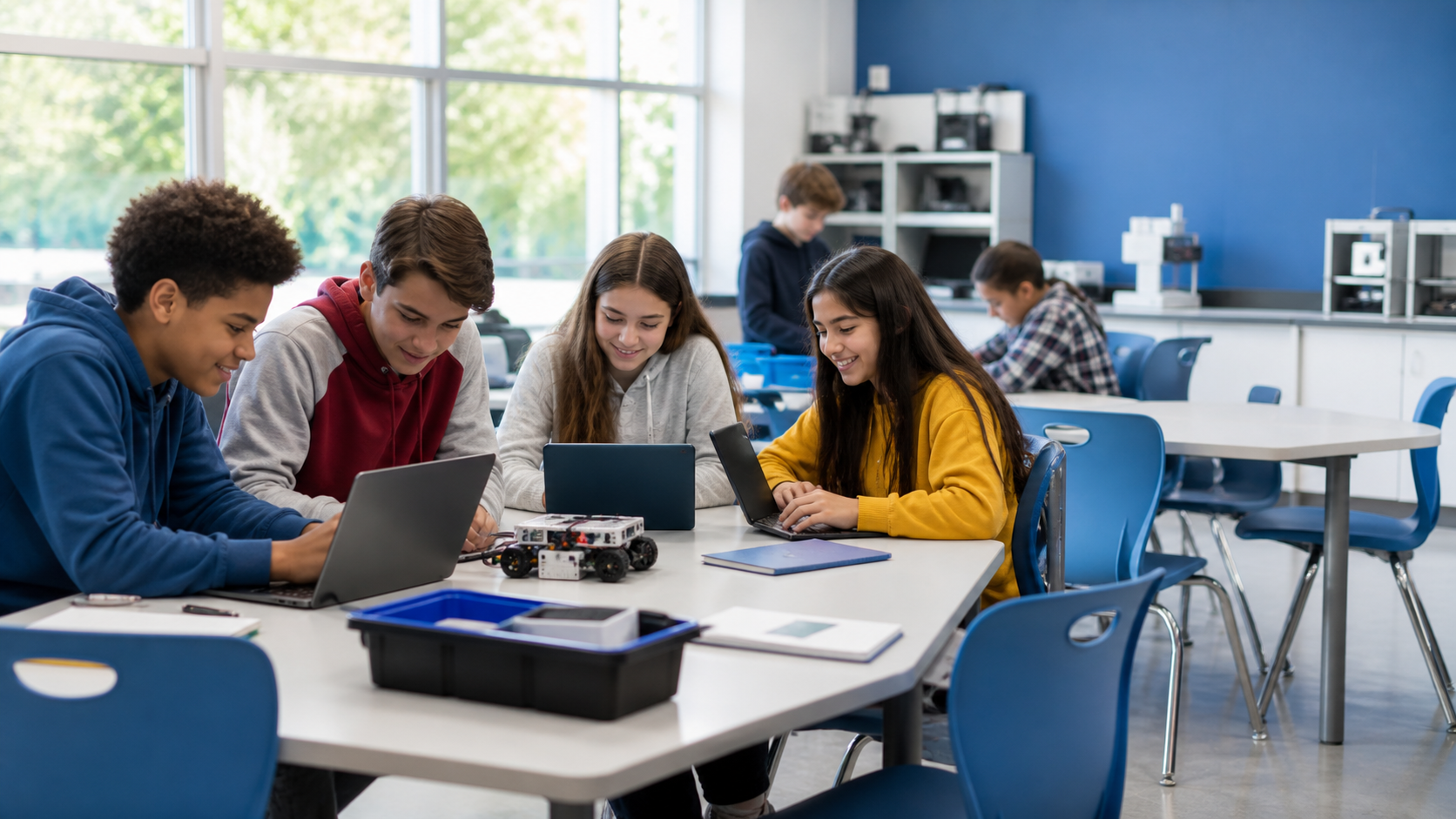 Students collaborating with laptops and a classroom robotics project