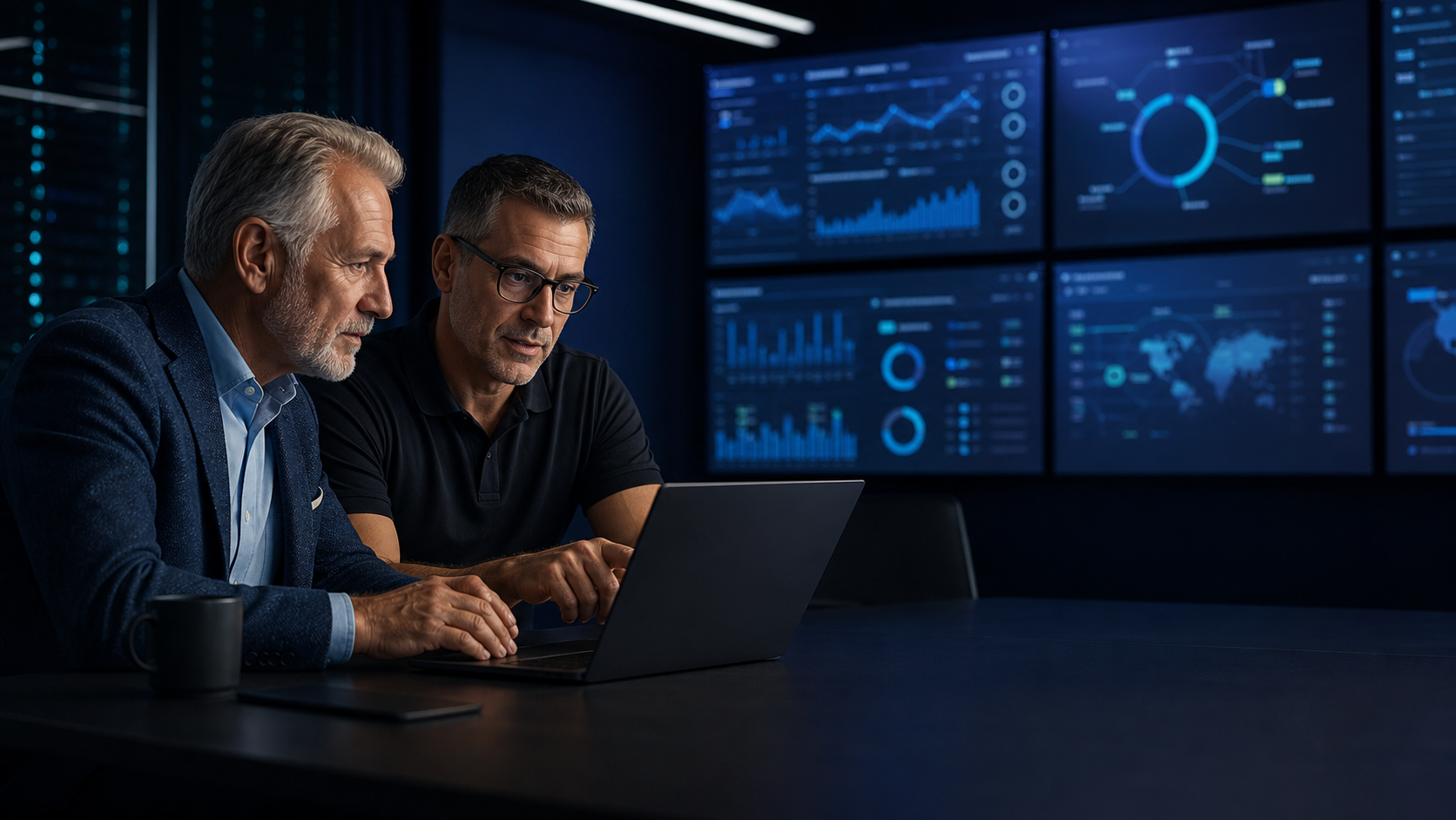 Business owner reviewing protected systems with a trusted technical advisor