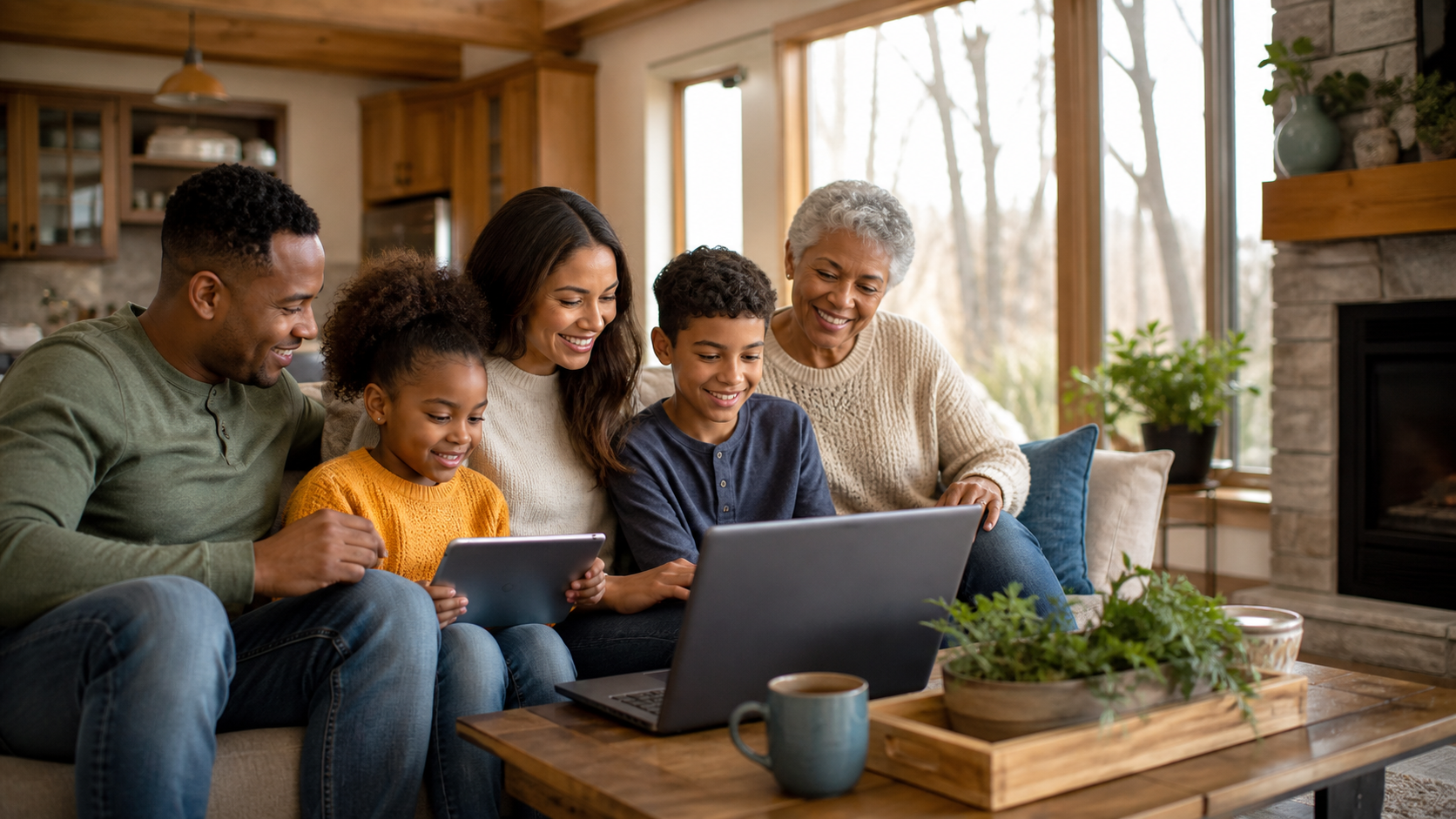 Multigenerational family enjoying connected devices together at home